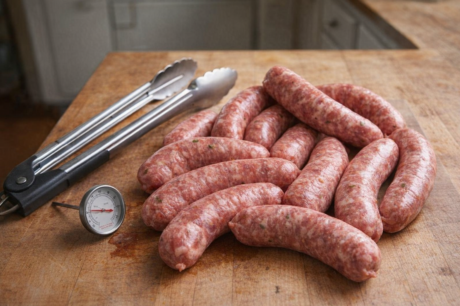 An overhead shot of raw Italian sausage links on a wooden cutting board, alongside a pair of metal tongs and a meat thermometer.